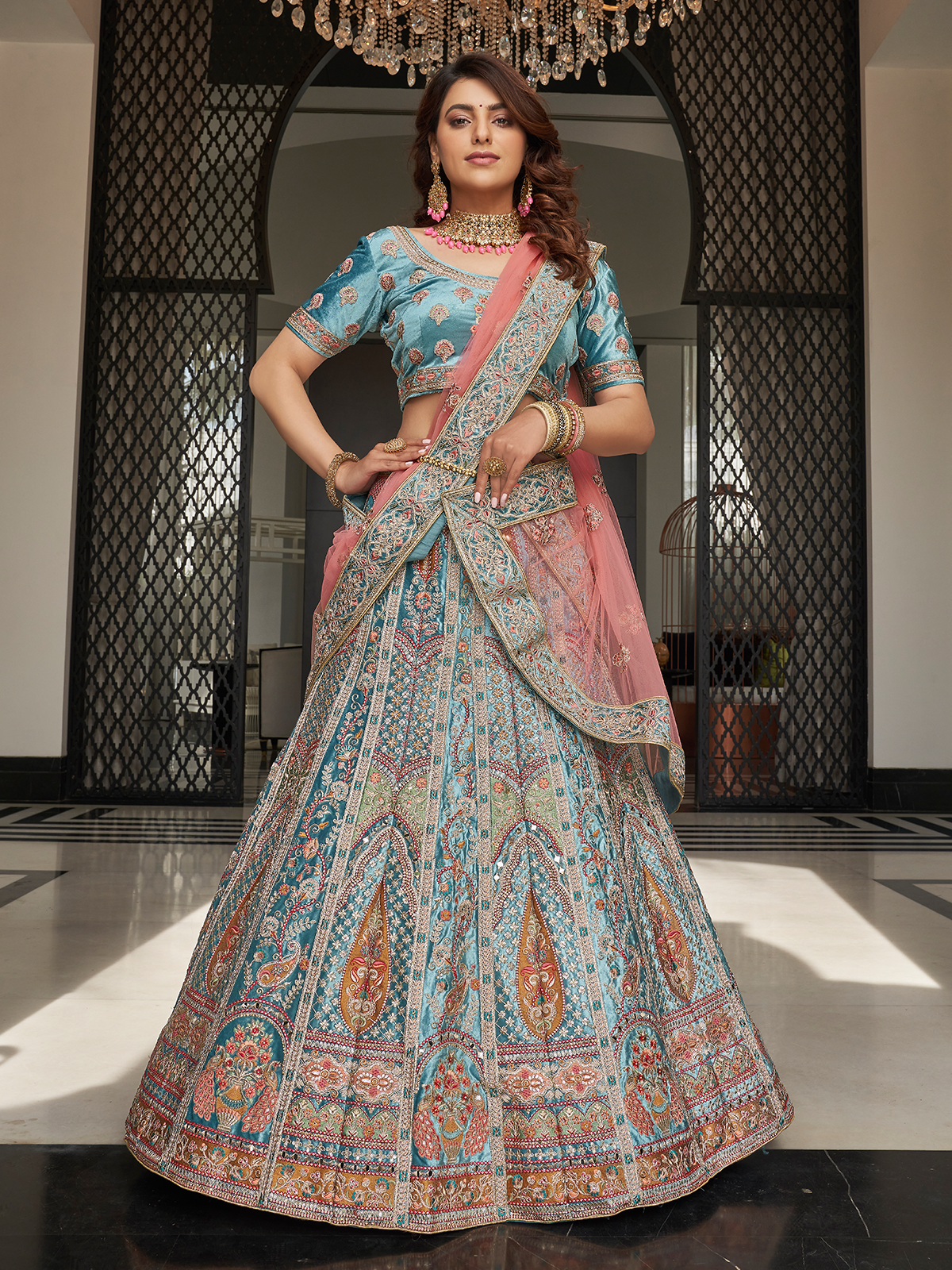 Sky Blue Velvet Semi Stitched Lehenga With Unstitched Blouse Clothsvilla