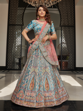Sky Blue Velvet Semi Stitched Lehenga With Unstitched Blouse Clothsvilla