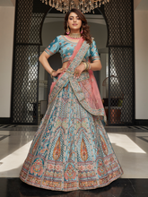 Load image into Gallery viewer, Sky Blue Velvet Semi Stitched Lehenga With Unstitched Blouse Clothsvilla