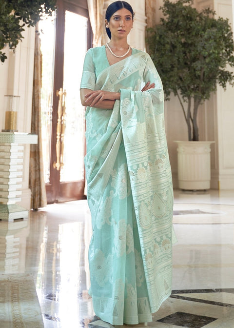 Tiffany Blue Lucknowi Chikankari Weaving Silk Saree Clothsvilla Main image