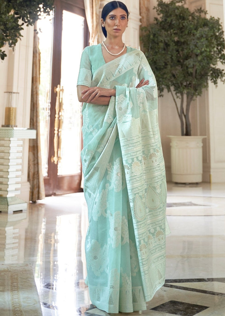 Tiffany Blue Lucknowi Chikankari Weaving Silk Saree Clothsvilla