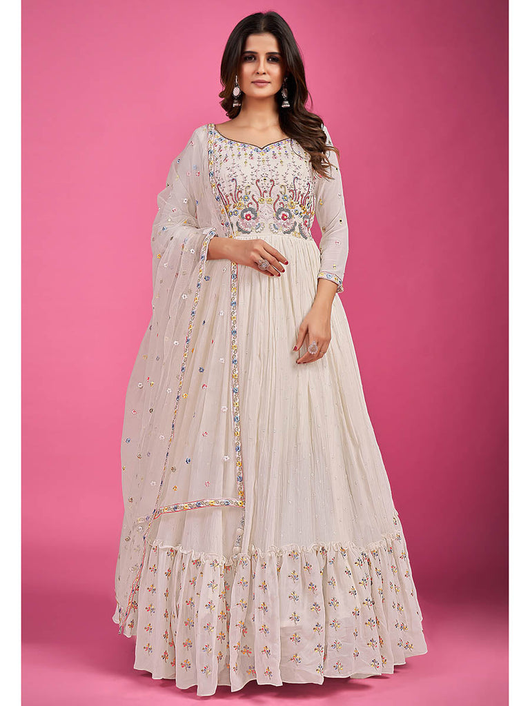 White Pure Georgette Embroidered Gown Clothsvilla