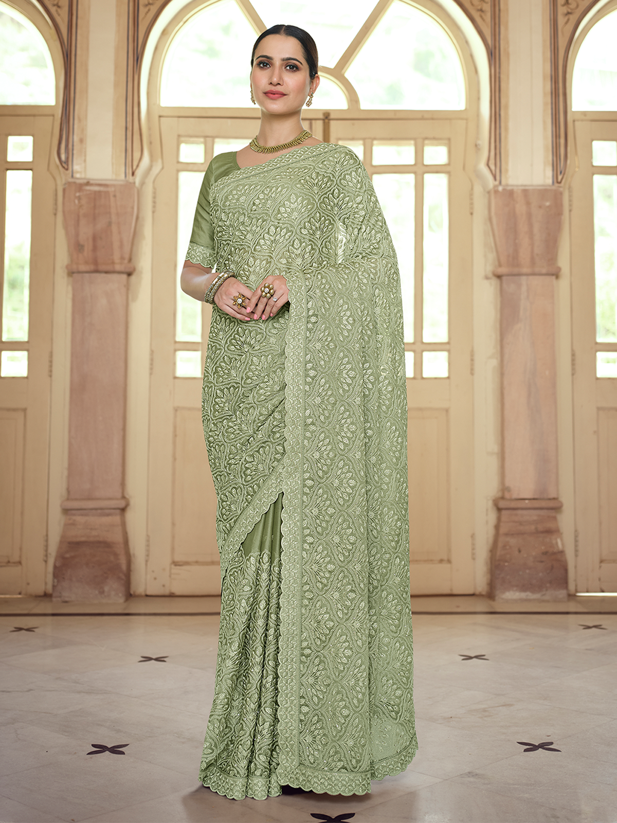 Green Chiffon Saree With Unstitched Blouse Clothsvilla