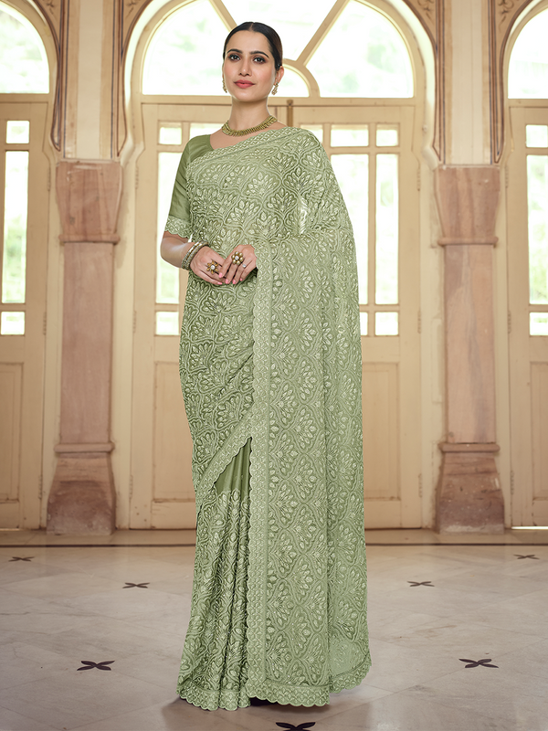 Green Chiffon Saree With Unstitched Blouse Clothsvilla