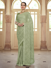 Load image into Gallery viewer, Green Chiffon Saree With Unstitched Blouse Clothsvilla