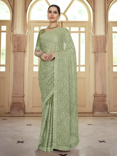 Green Chiffon Saree With Unstitched Blouse Clothsvilla