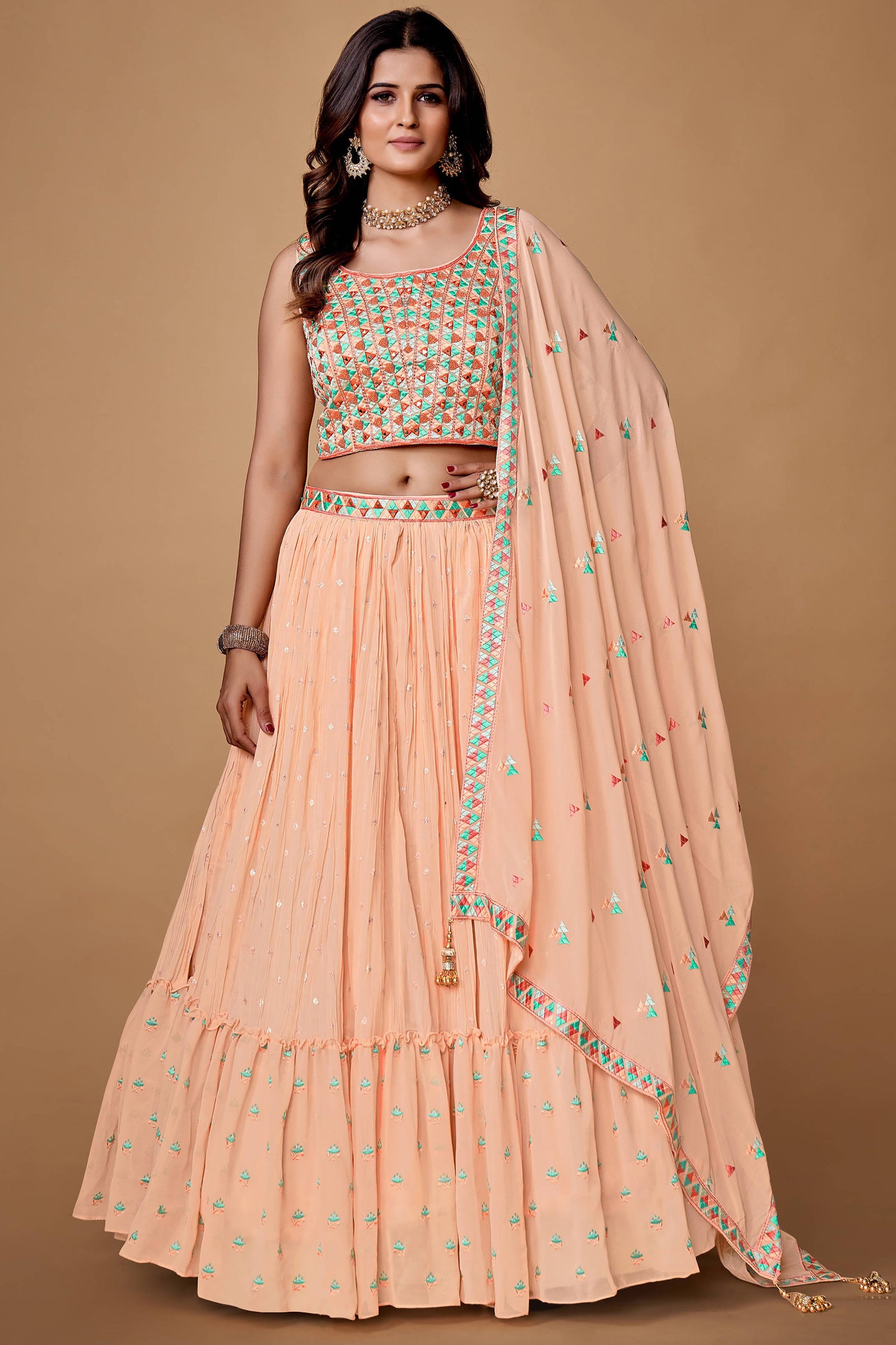 Peach Thread Work Georgette Reception Wear Lehenga Choli Clothsvilla