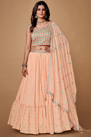 Peach Thread Work Georgette Reception Wear Lehenga Choli Clothsvilla