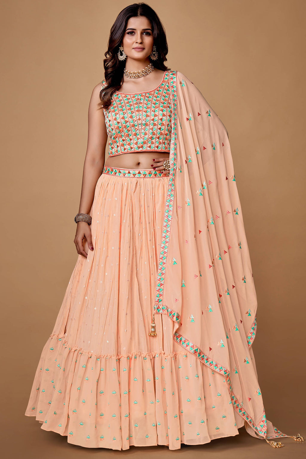 Peach Thread Work Georgette Reception Wear Lehenga Choli Clothsvilla