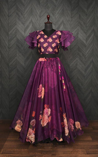 Full-Stitched Flower Print Wine Top With Lehenga