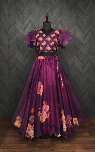 Full-Stitched Flower Print Wine Top With Lehenga