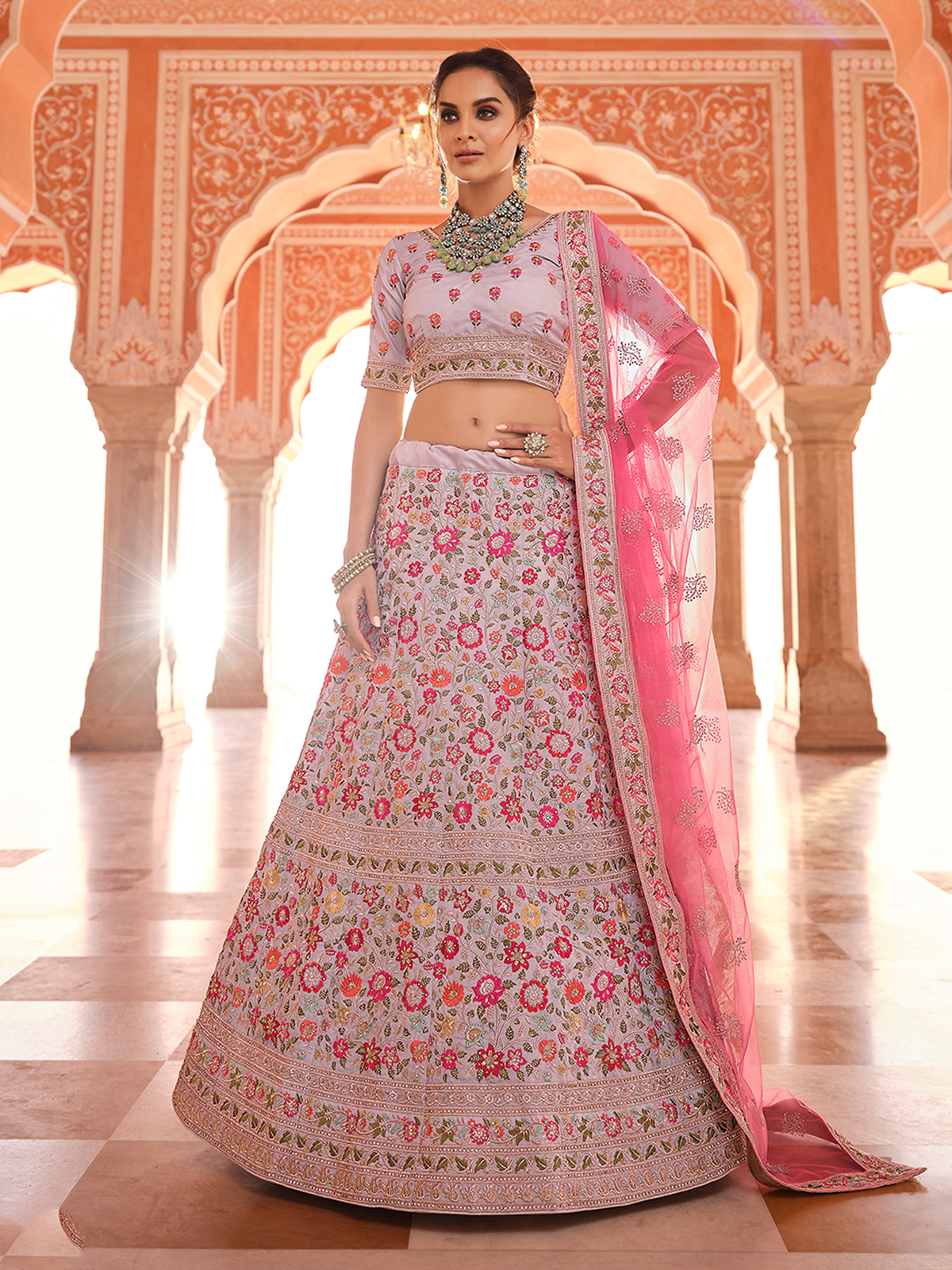 Grey Embroidered Crepe Semi Stitched Lehenga With Unstitched Blouse Clothsvilla