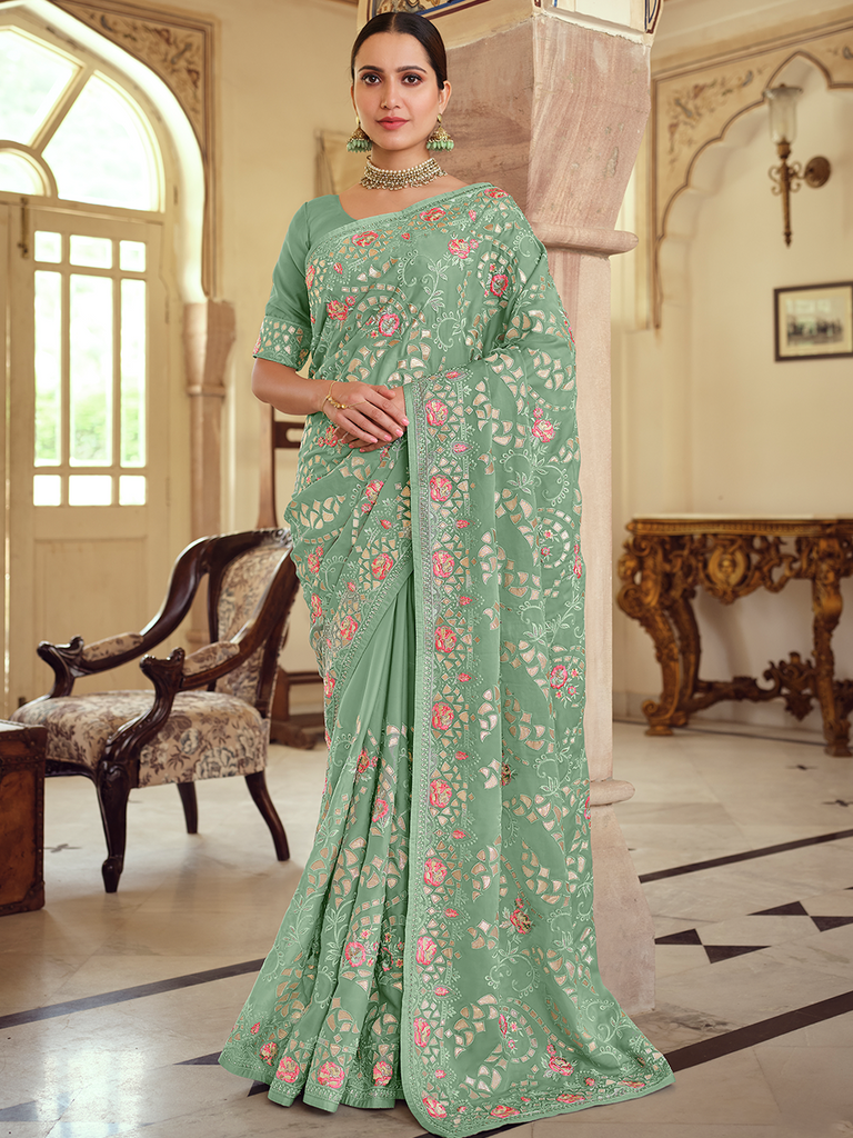 Green Satin Georgette Saree With Unstitched Blouse Clothsvilla