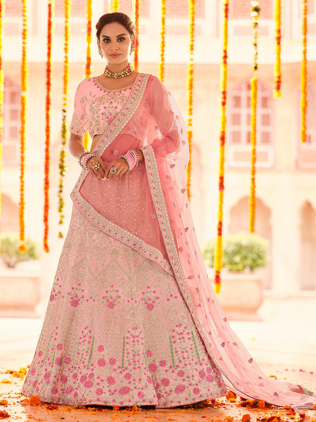 Pink Georgette Semi Stitched Lehenga With Unstitched Blouse Clothsvilla Main image
