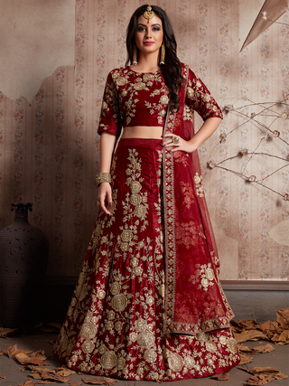 Maroon Embroidered Semi Stitched Lehenga With Unstitched Blouse Clothsvilla