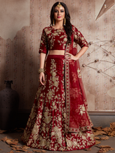 Load image into Gallery viewer, Maroon Embroidered Semi Stitched Lehenga With Unstitched Blouse Clothsvilla