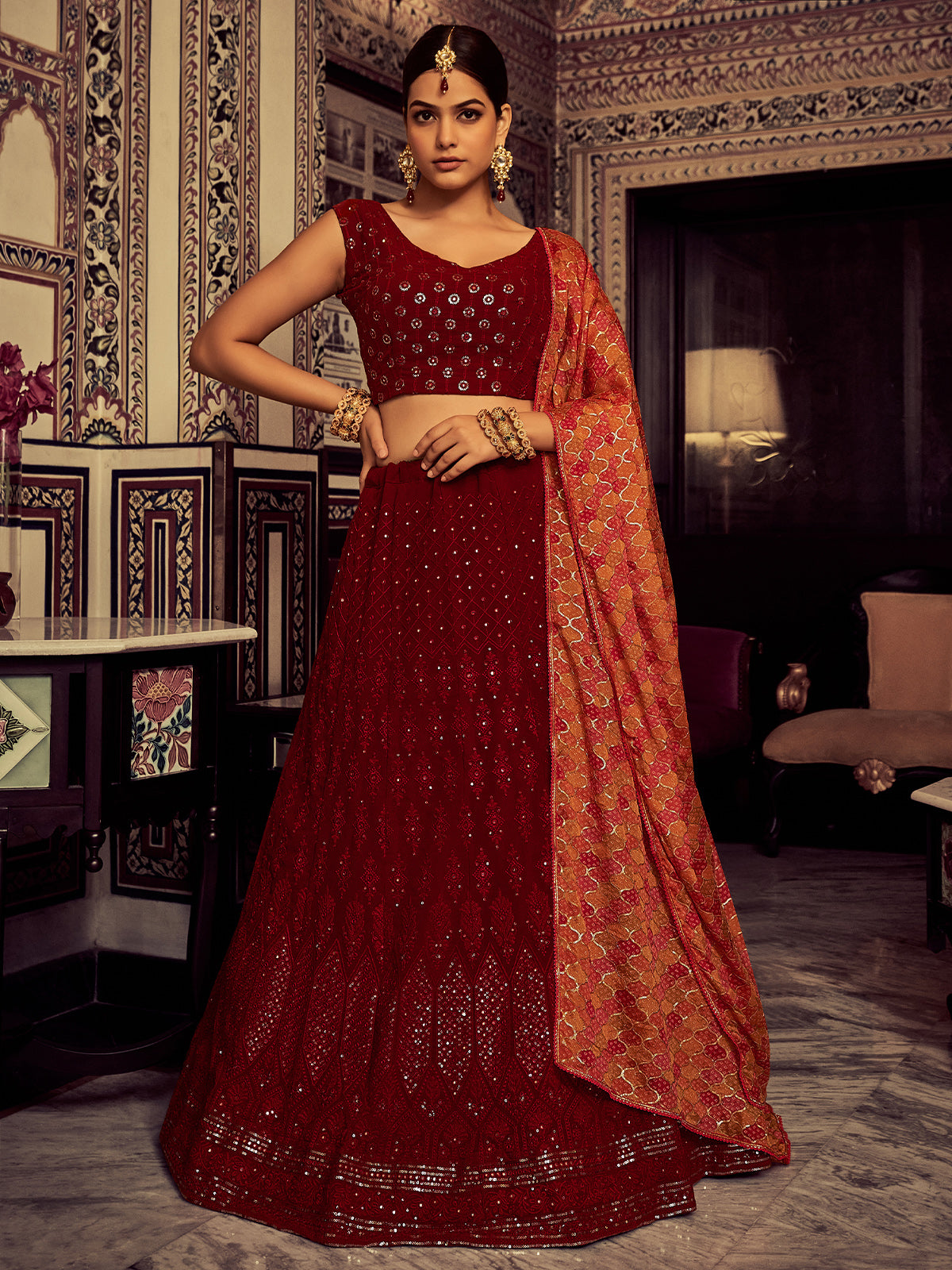 Stylish Maroon Embroidered Georgette Semi Stitched Lehenga With Blouse Piece Clothsvilla Main image