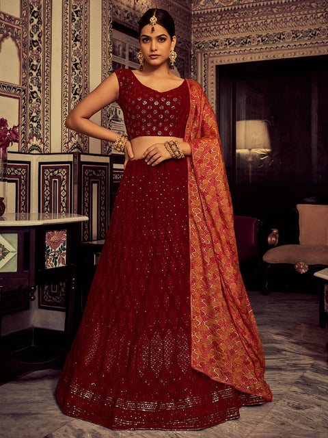 Stylish Maroon Embroidered Georgette Semi Stitched Lehenga With Blouse Piece Clothsvilla Main image