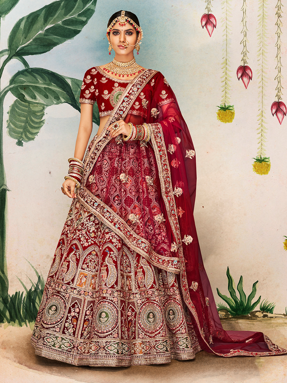 Maroon Embroidered Velvet Semi Stitched Lehenga With Unstitched Blouse Clothsvilla Main image