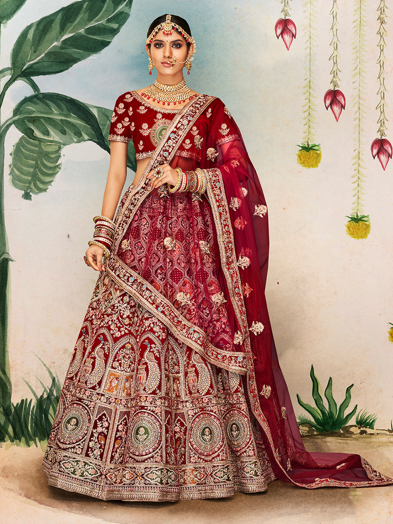 Maroon Embroidered Velvet Semi Stitched Lehenga With Unstitched Blouse Clothsvilla