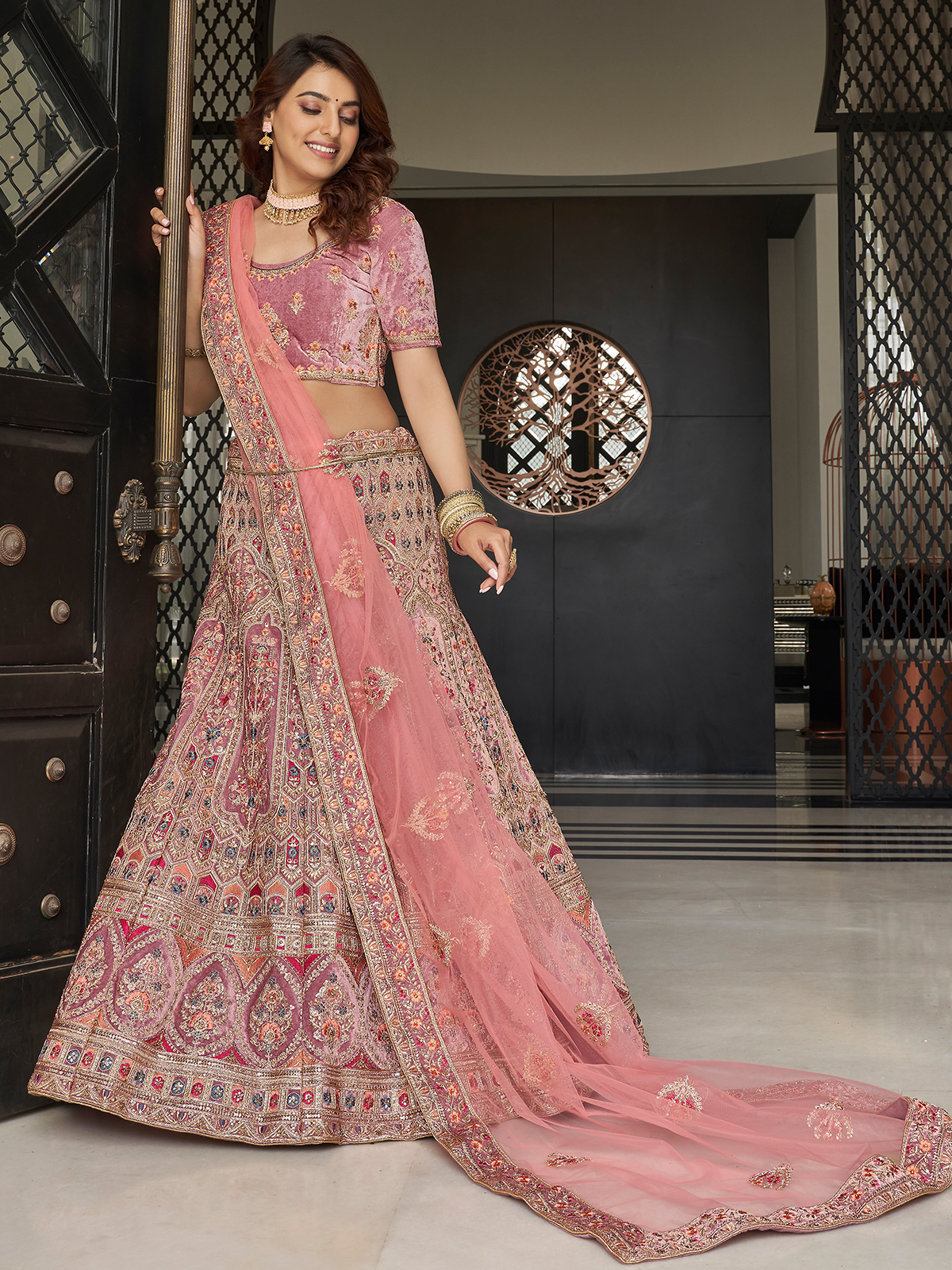 Lilac Velvet Semi Stitched Lehenga With Unstitched Blouse Clothsvilla
