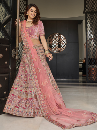Lilac Velvet Semi Stitched Lehenga With Unstitched Blouse Clothsvilla