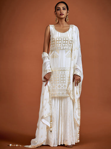 Classic White Embroidered Georgette Partywear Stitched Kurta Set Clothsvilla