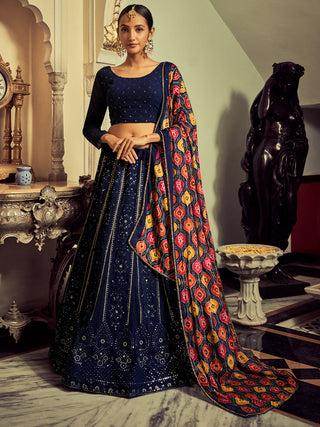 Beautiful Navy Blue Color Georgette Semi Stitched Lehenga With Blouse Piece Clothsvilla