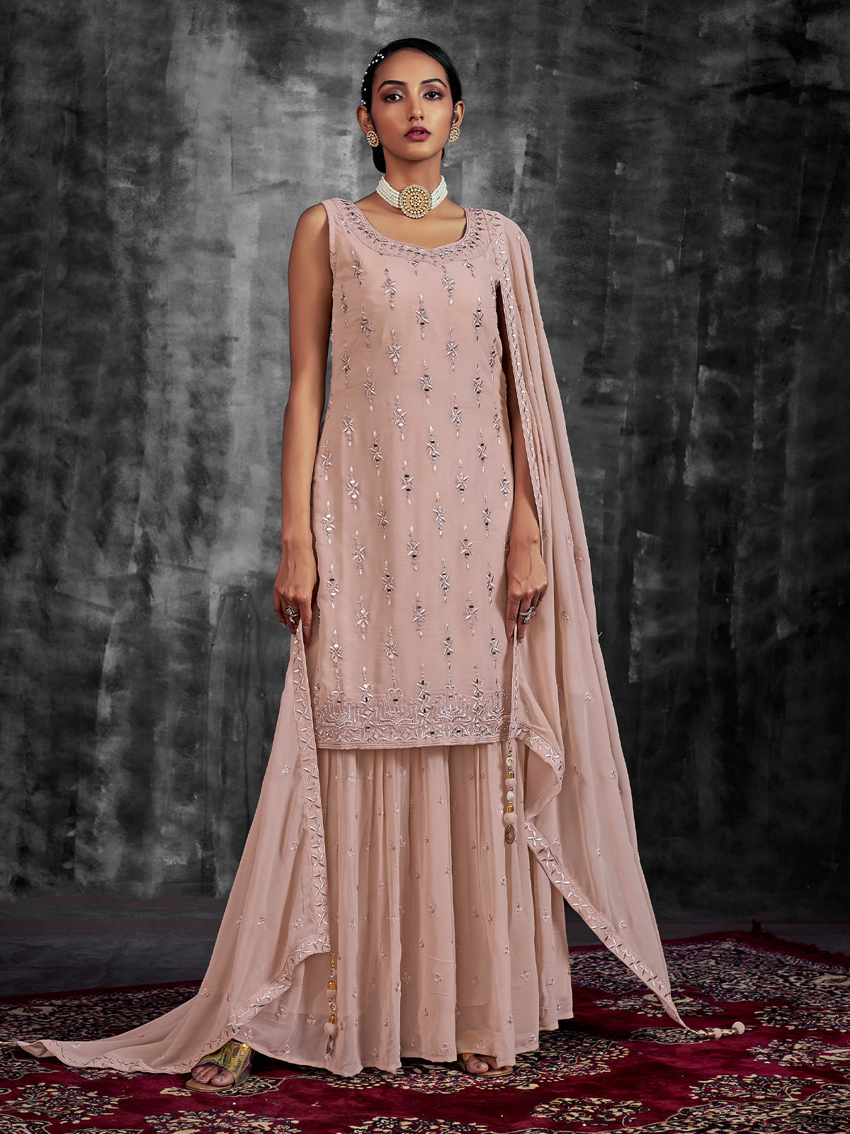 Beautiful Embroidered Peach Georgette Stitched Kurta Set Clothsvilla Main image
