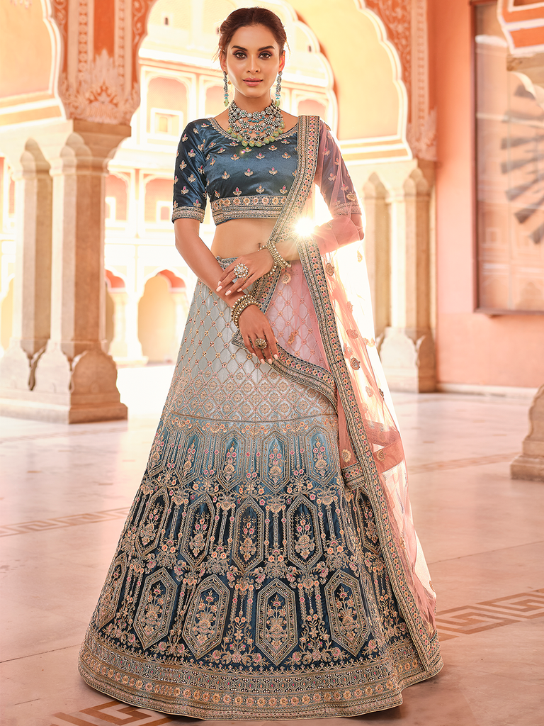 Blue Embroidered Velvet Semi Stitched Lehenga With Unstitched Blouse Clothsvilla