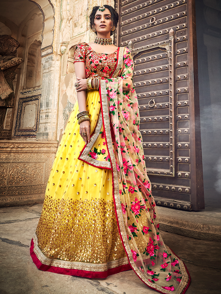 Yellow Embroidered Soft Net Semi Stitched Lehenga With Unstitched Blouse Clothsvilla