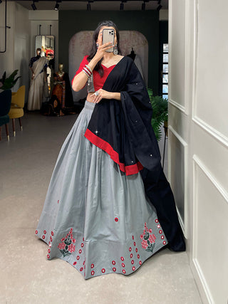 Grey Color Plain And Embroidery With Original Mirror Work Cotton Chaniya Choli ClothsVilla.com