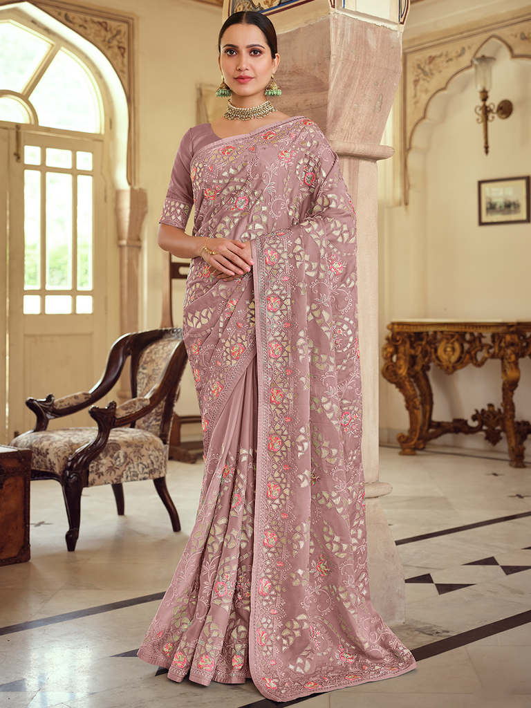 Lilac Satin Georgette Saree With Unstitched Blouse Clothsvilla