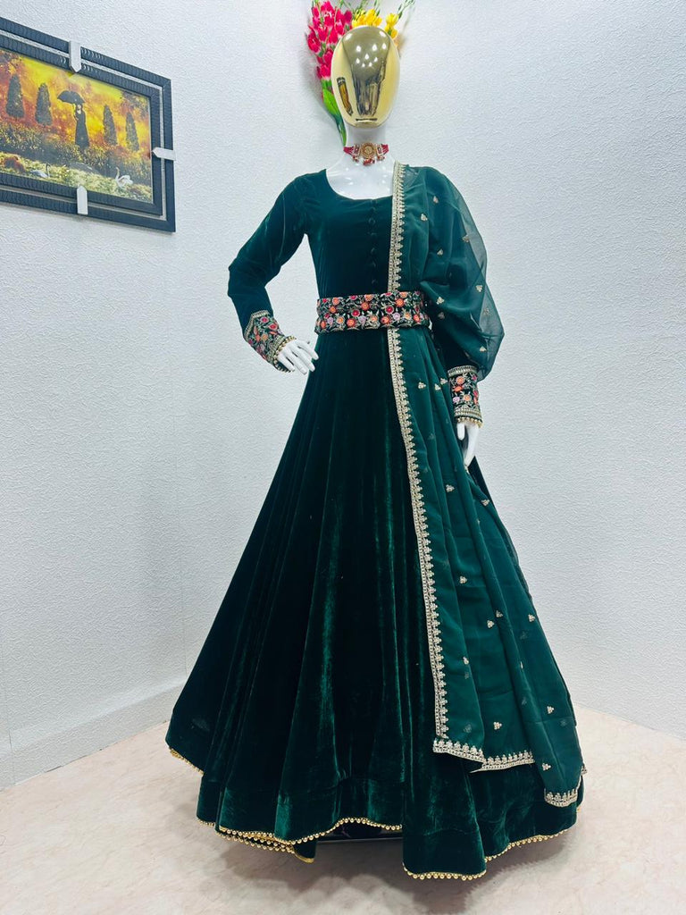Embroidery Sequence with Moti Work Green Color Velvet Gown - Embroidery Sequence with Moti Work Green Color Velvet Gown -