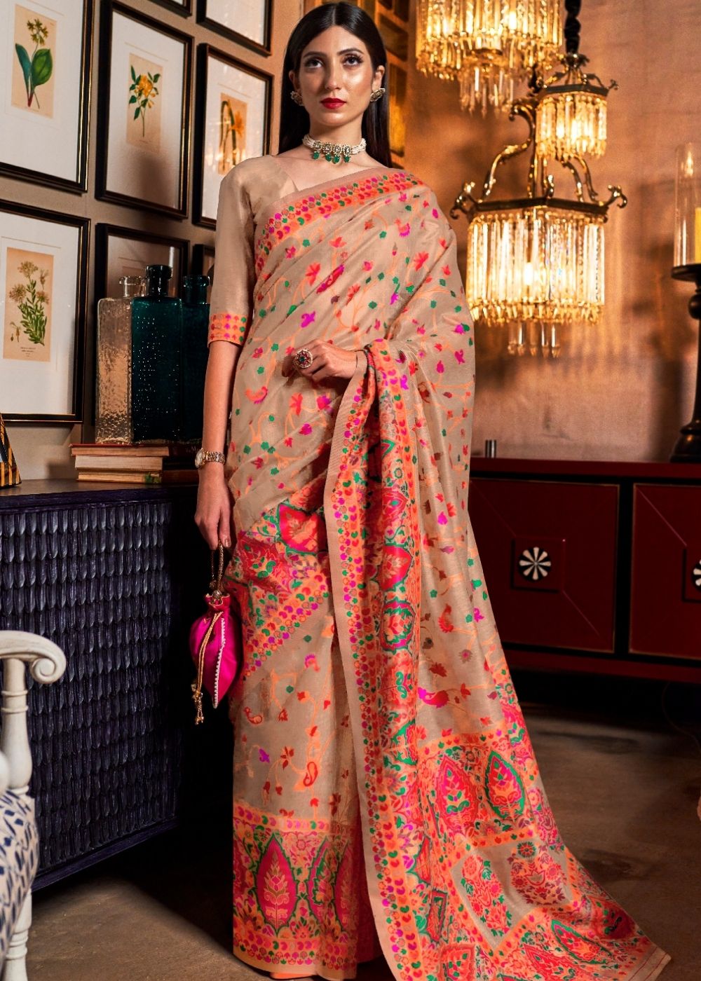 Linen Beige Banarasi Jamawar Woven Silk Saree : Top Pick Clothsvilla Main image