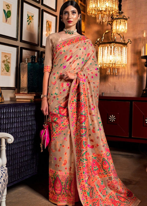 Linen Beige Banarasi Jamawar Woven Silk Saree : Top Pick Clothsvilla Main image