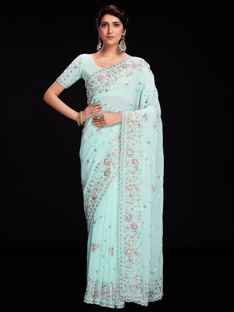 Blue Georgette Embroidered Saree With Unstitched Blouse Clothsvilla Main image