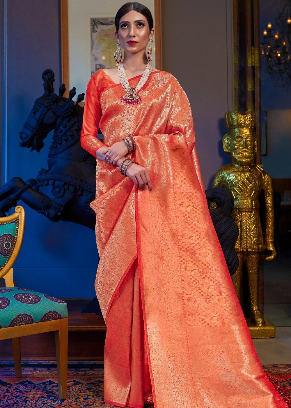 Golden Orange Kanjivaram Soft Woven Silk Saree Clothsvilla Main image