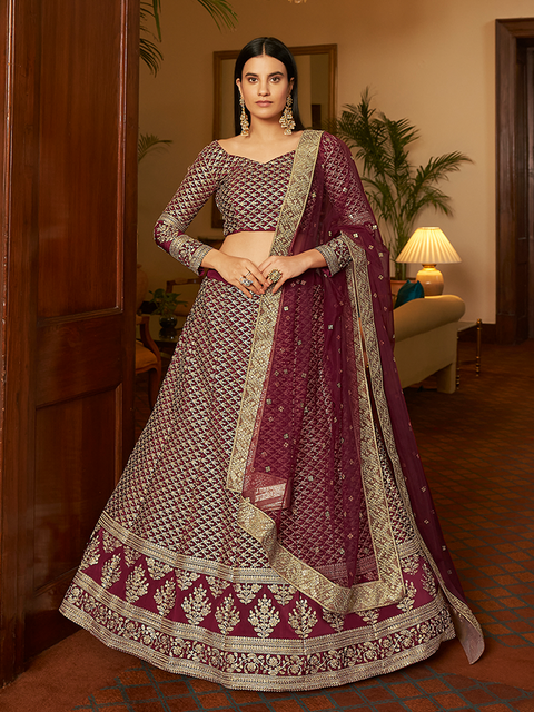 Violet Embroidered Semi Stitched Lehenga With Unstitched Blouse Clothsvilla Main image