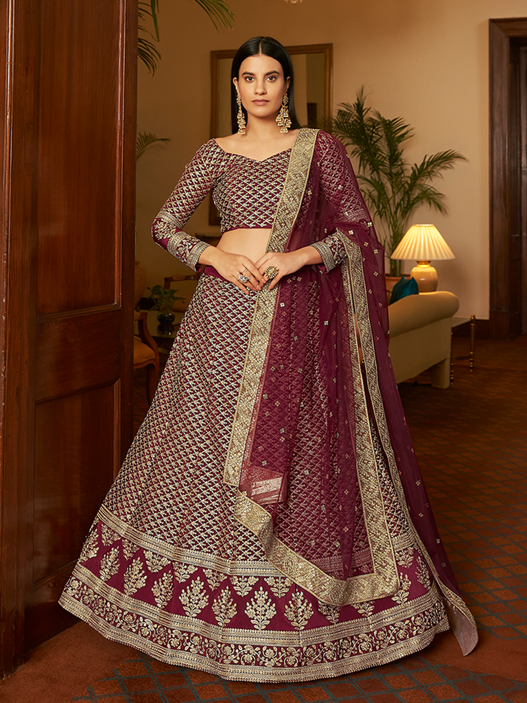 Violet Embroidered Semi Stitched Lehenga With Unstitched Blouse Clothsvilla