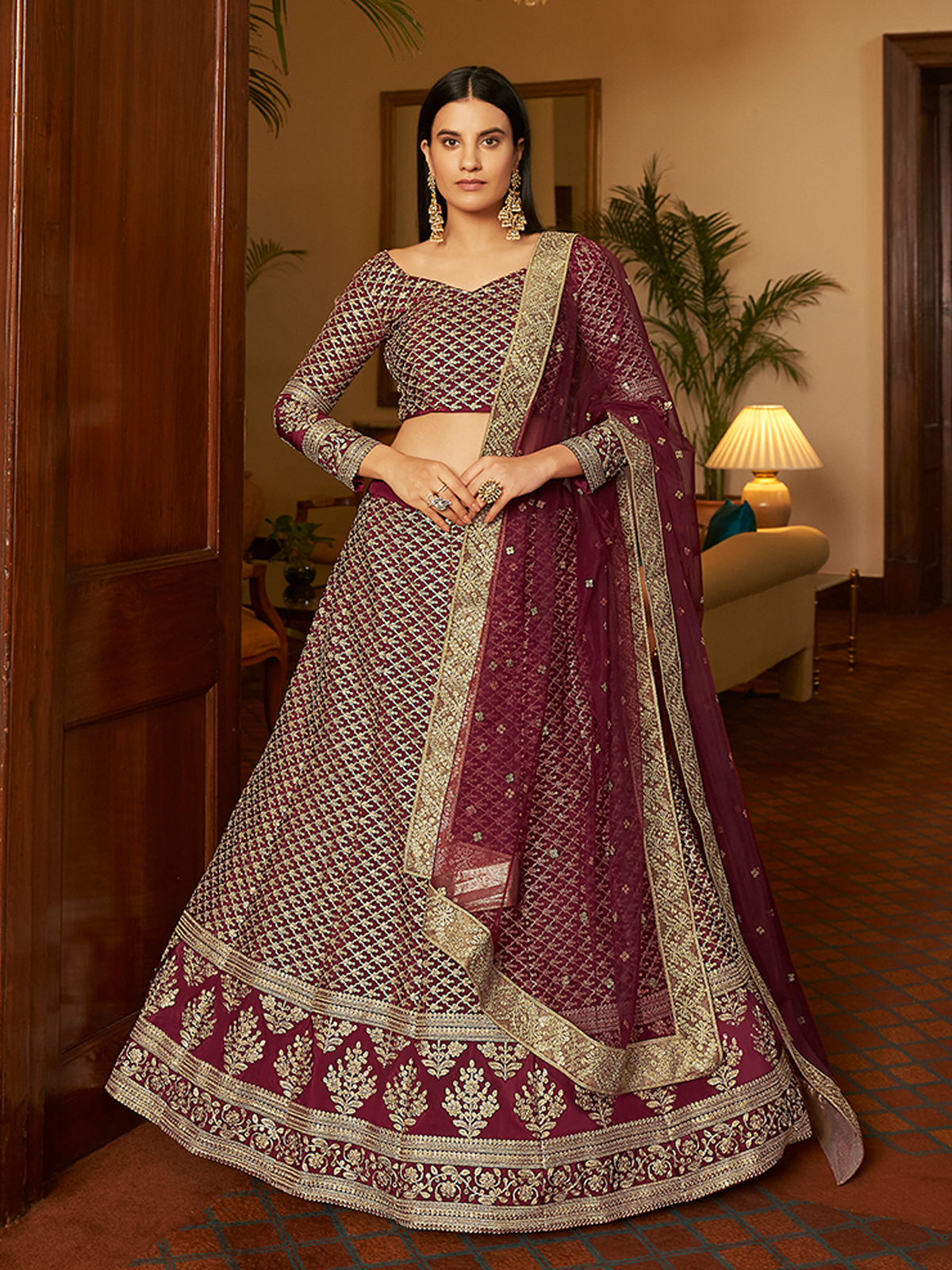 Shop online from Soch Onion Pink Net Floral Embroidered Sequin Embellished Unstitched  Lehenga Set for Festive Wear at Soch