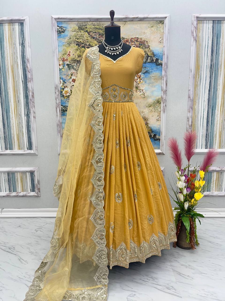 Captivating  Mustard Color Sequence Work Silk Gown Clothsvilla Main image