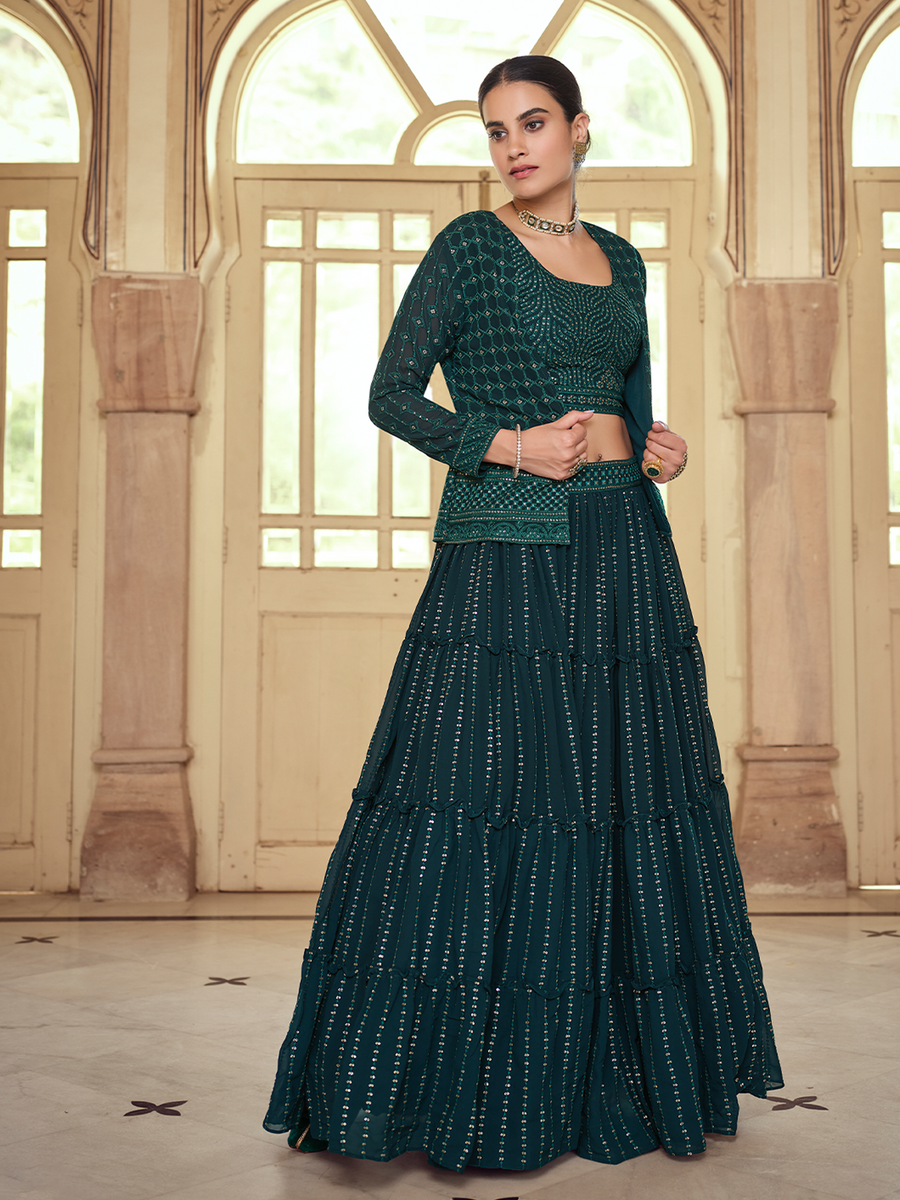 Sangeet Wear Net Fabric Dark Green Color Sequins Work Extravagant Lehenga