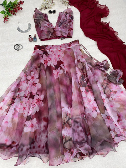 Maroon Color Digital Printed Organza Lehenga Choli Main image