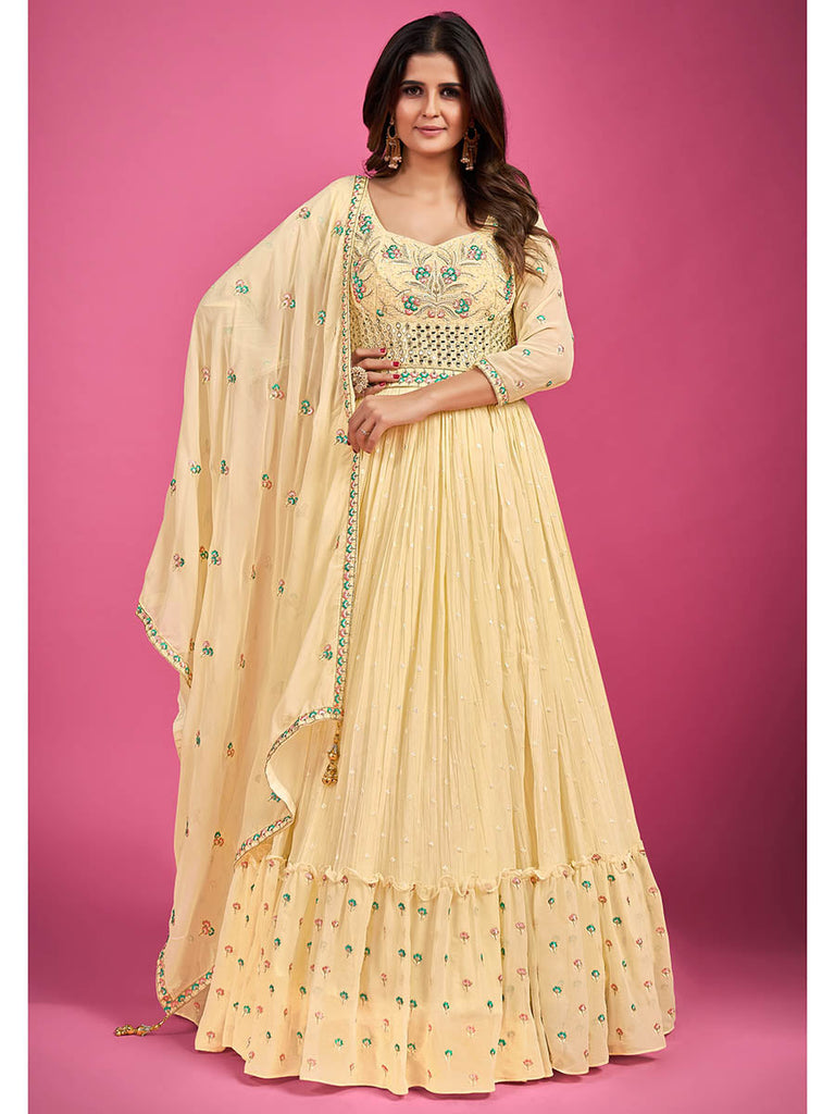 Yellow Pure Georgette Embroidered Gown Clothsvilla