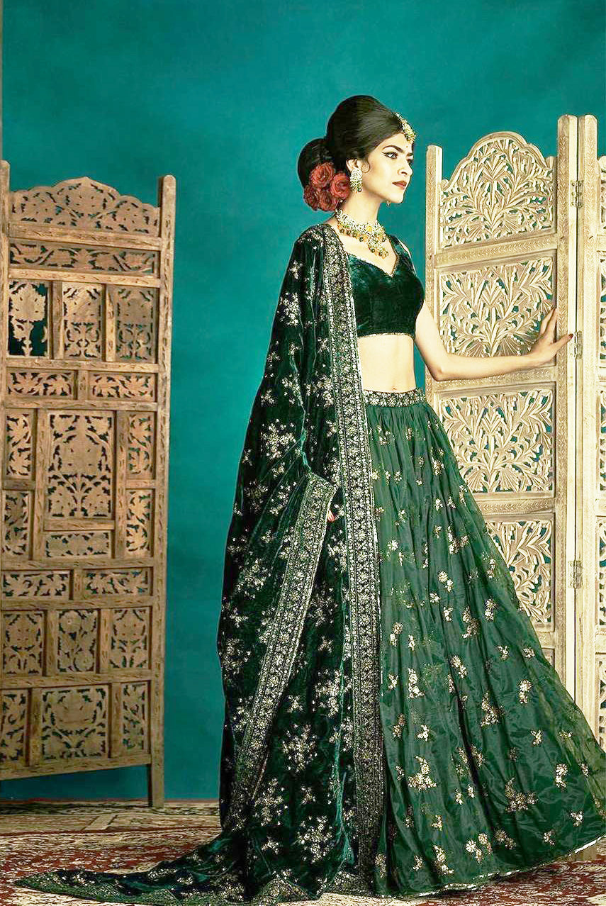 Green Color Sequence Work Silk Lehenga Choli With Velvet Dupatta Clothsvilla