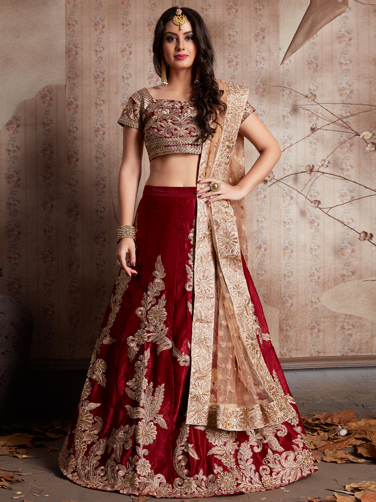 Maroon Embroidered Semi Stitched Lehenga With Unstitched Blouse Clothsvilla