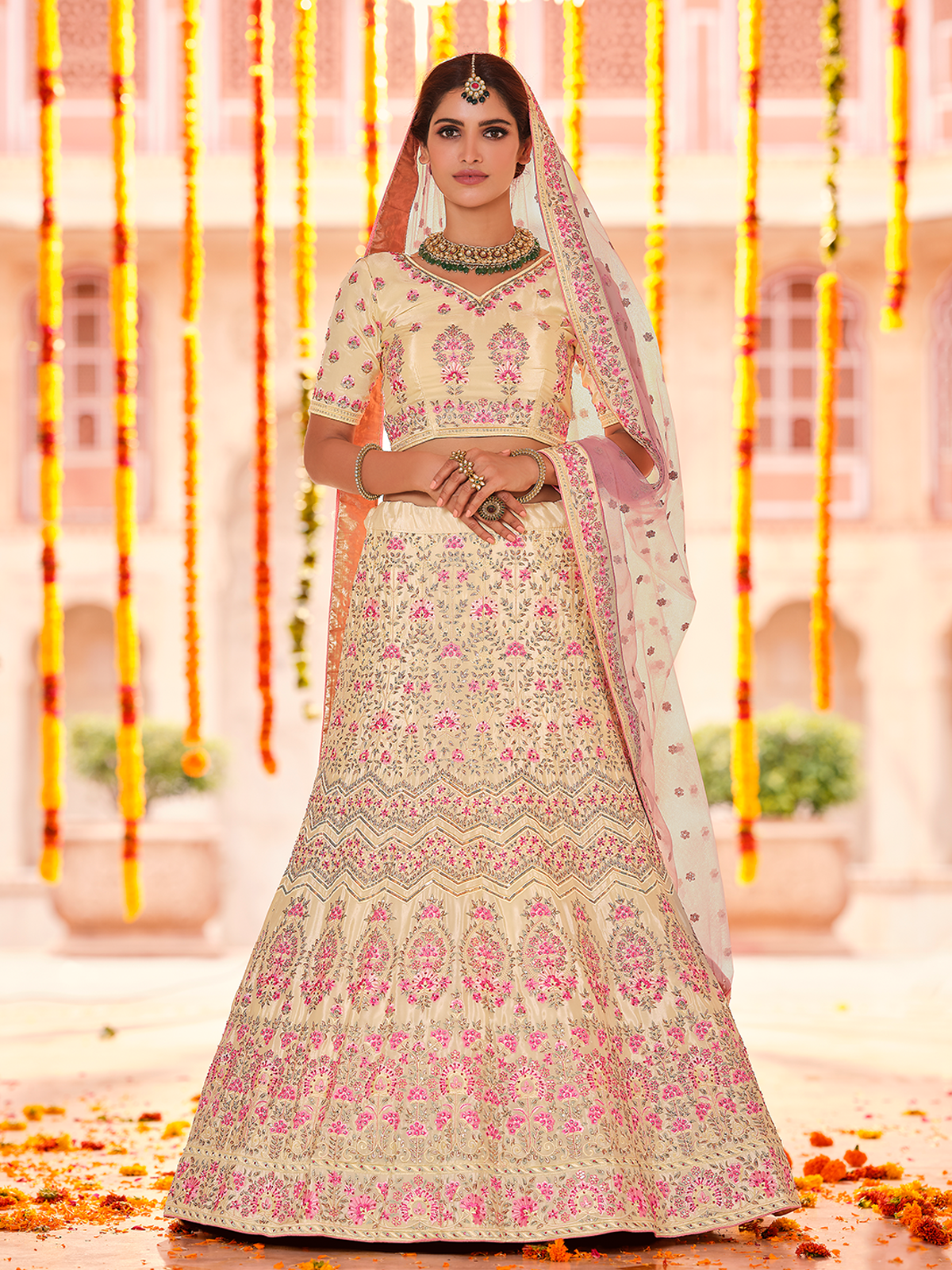 Beige Embroidered Crepe Semi Stitched Lehenga With Unstitched Blouse Clothsvilla Main image