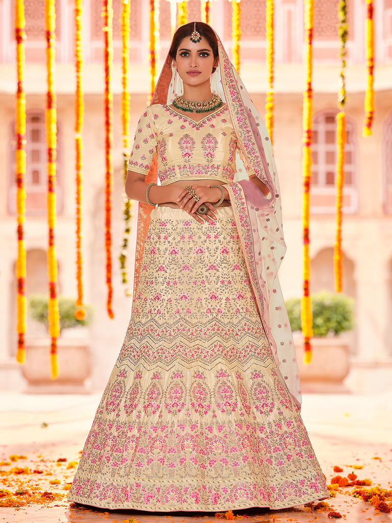 Beige Embroidered Crepe Semi Stitched Lehenga With Unstitched Blouse Clothsvilla