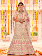 Load image into Gallery viewer, Beige Embroidered Crepe Semi Stitched Lehenga With Unstitched Blouse Clothsvilla